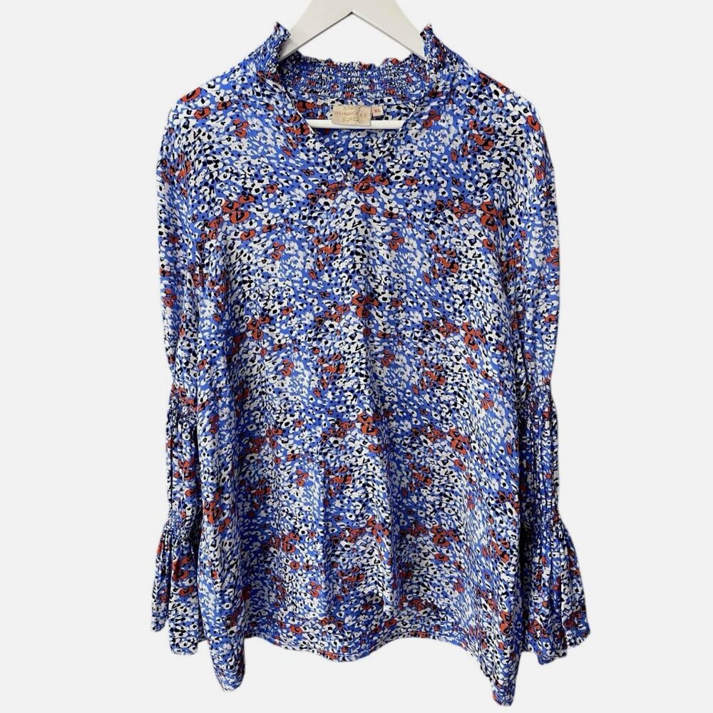 Rungolee Blue Red Smocked Flare Sleeve Silk Flowy Blouse Women's size XL